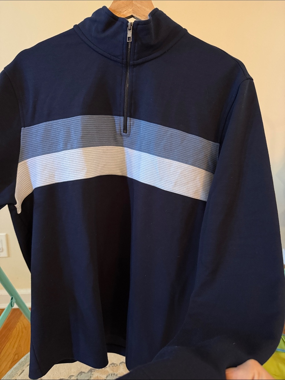 Ted Baker Men's Navy Quarter-Zip Sweater with Light Blue and White Stripe
